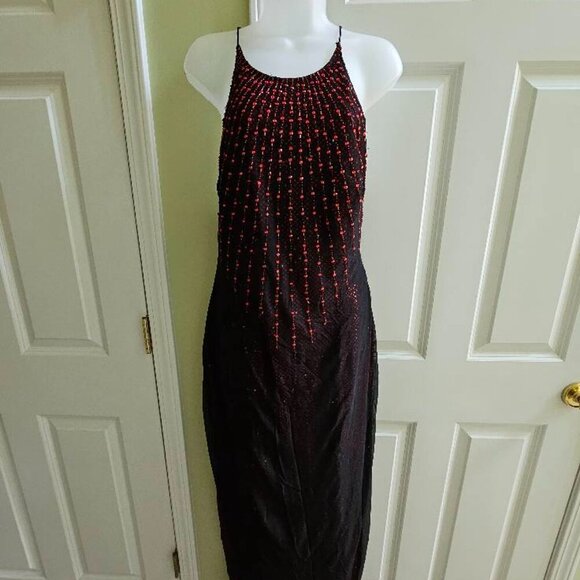 Vintage JSBoutique 90s Red & Black Beaded Criss Cross Back Maxi Formal Dress - Picture 2 of 15
